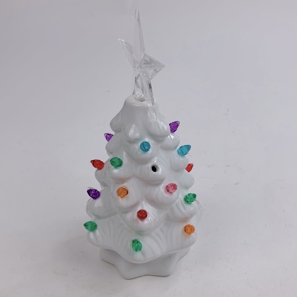 Ceramic Christmas Tree Small White Multicolored lights Star on top 7.5” tall - Picture 3 of 8